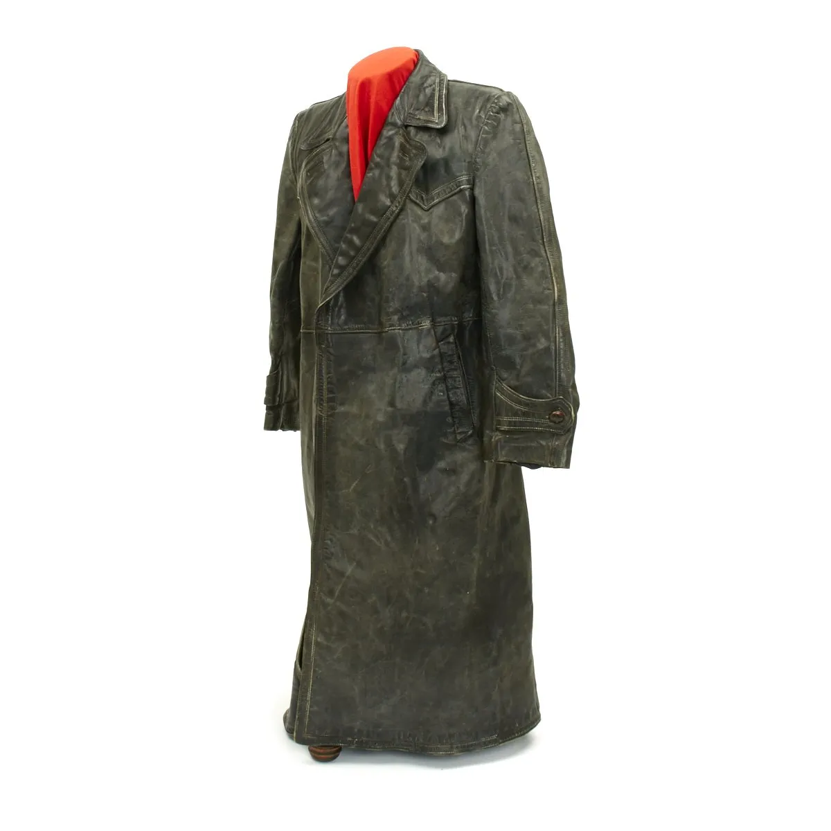 Original German WWII Officer Black Leather Greatcoat - Size 40