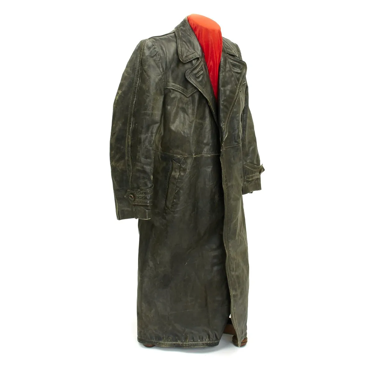 Original German WWII Officer Black Leather Greatcoat - Size 40