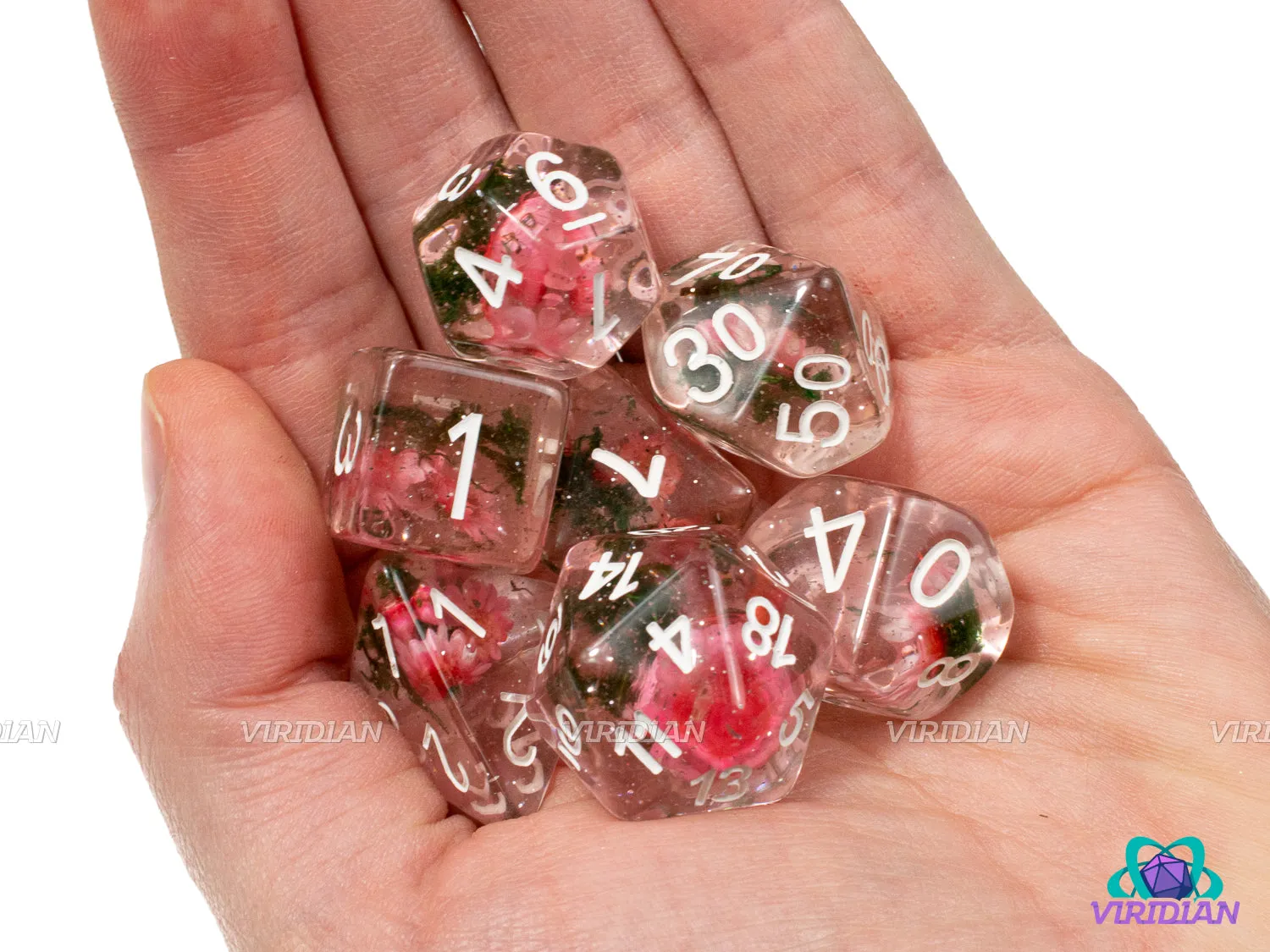 Pink Carnation | Clear Resin, Pink Flower Inside, Green Leaf | Resin Dice Set (7)