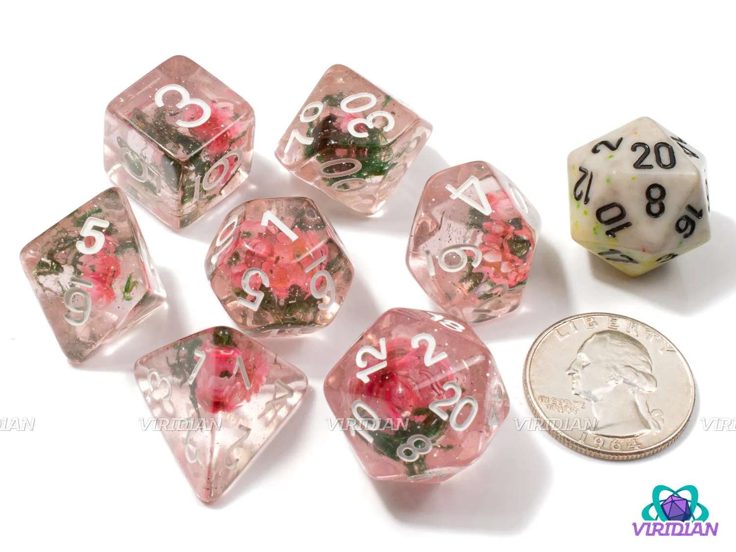 Pink Carnation | Clear Resin, Pink Flower Inside, Green Leaf | Resin Dice Set (7)