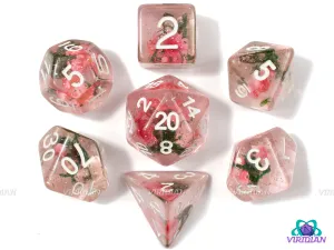 Pink Carnation | Clear Resin, Pink Flower Inside, Green Leaf | Resin Dice Set (7)