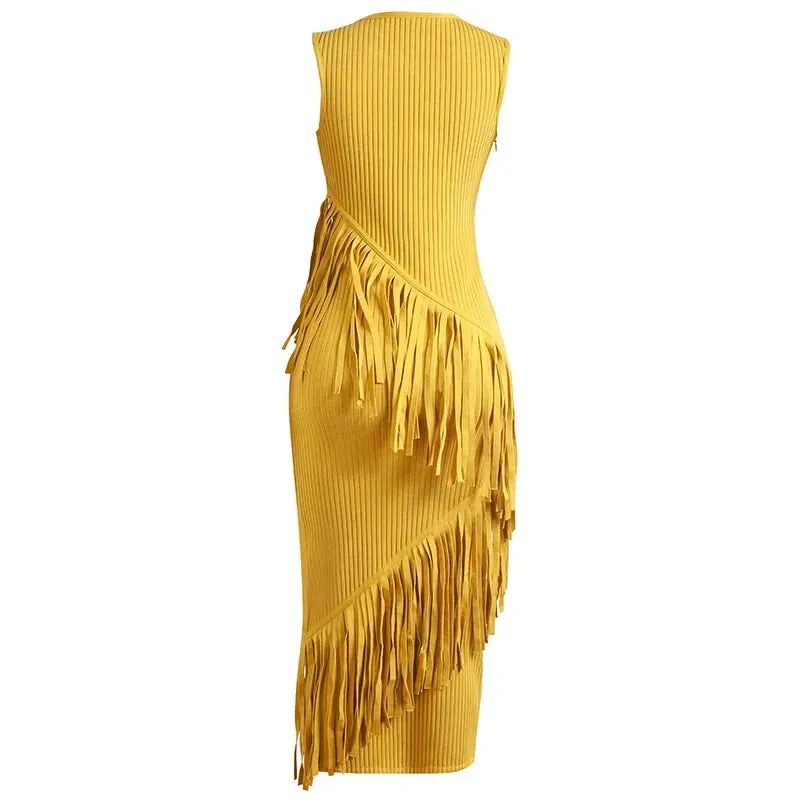 Pre Order:  Yellow Tassel Hip Wrap Bandage Dress