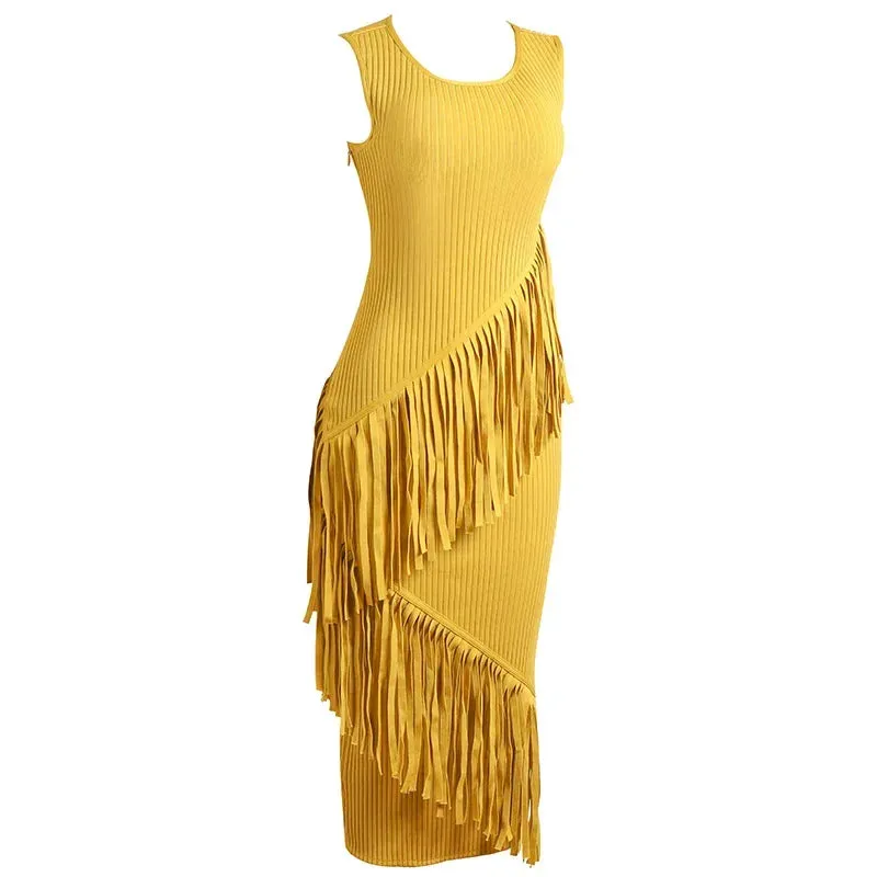 Pre Order:  Yellow Tassel Hip Wrap Bandage Dress