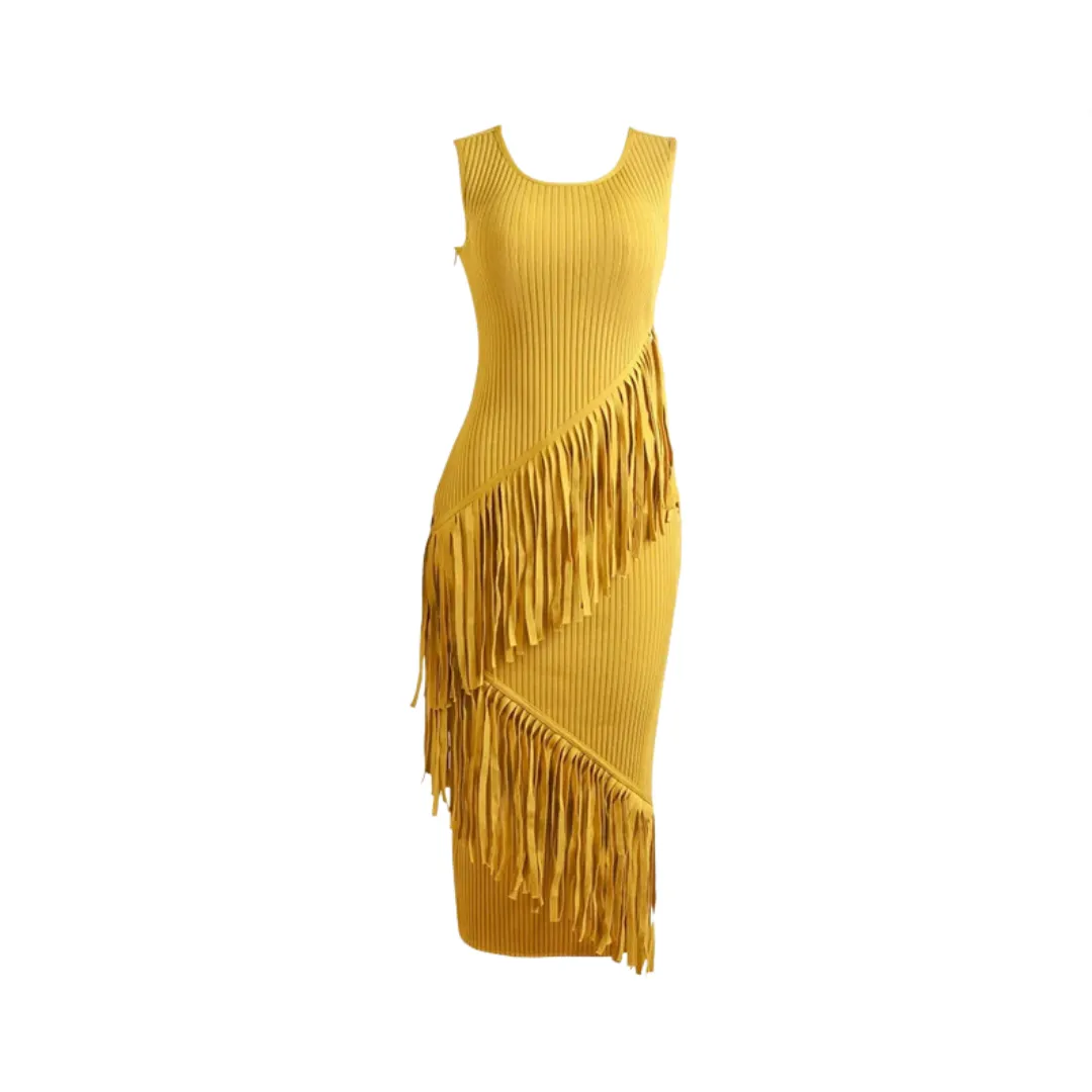 Pre Order:  Yellow Tassel Hip Wrap Bandage Dress