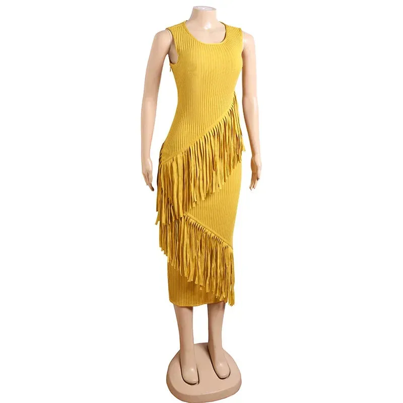 Pre Order:  Yellow Tassel Hip Wrap Bandage Dress