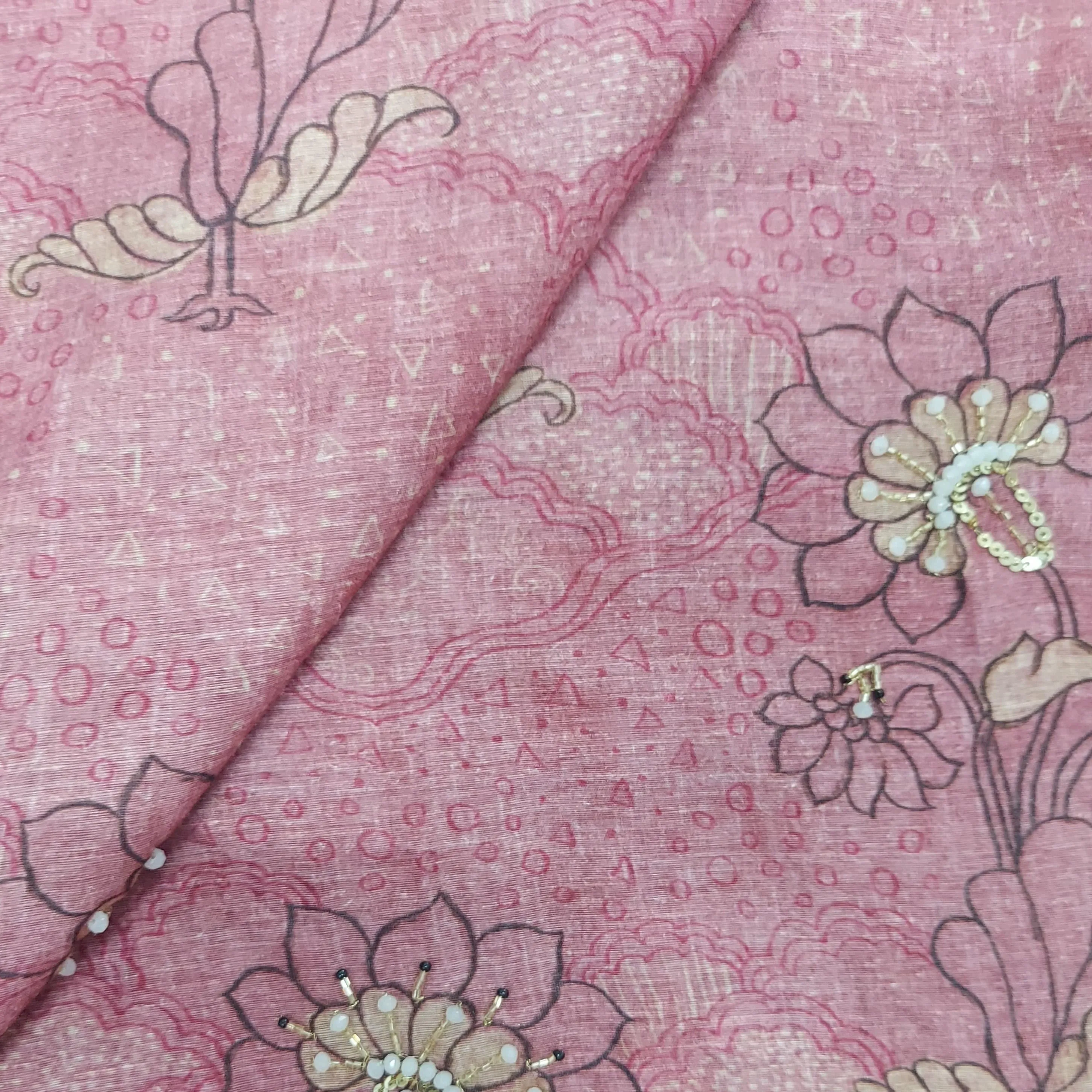 Premium Pink Embroidery Floral Print Linen Organza Fabric