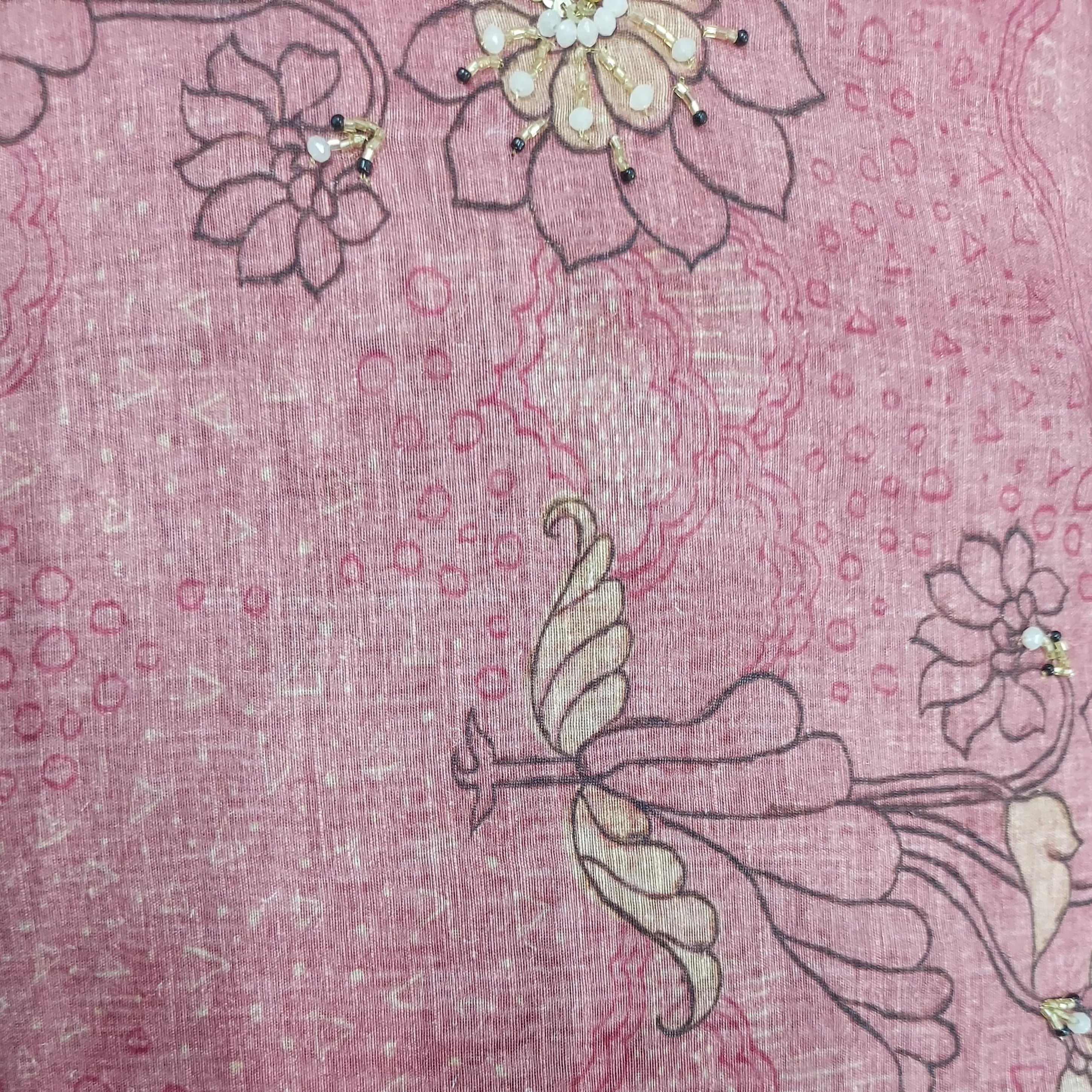 Premium Pink Embroidery Floral Print Linen Organza Fabric