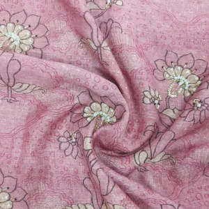 Premium Pink Embroidery Floral Print Linen Organza Fabric