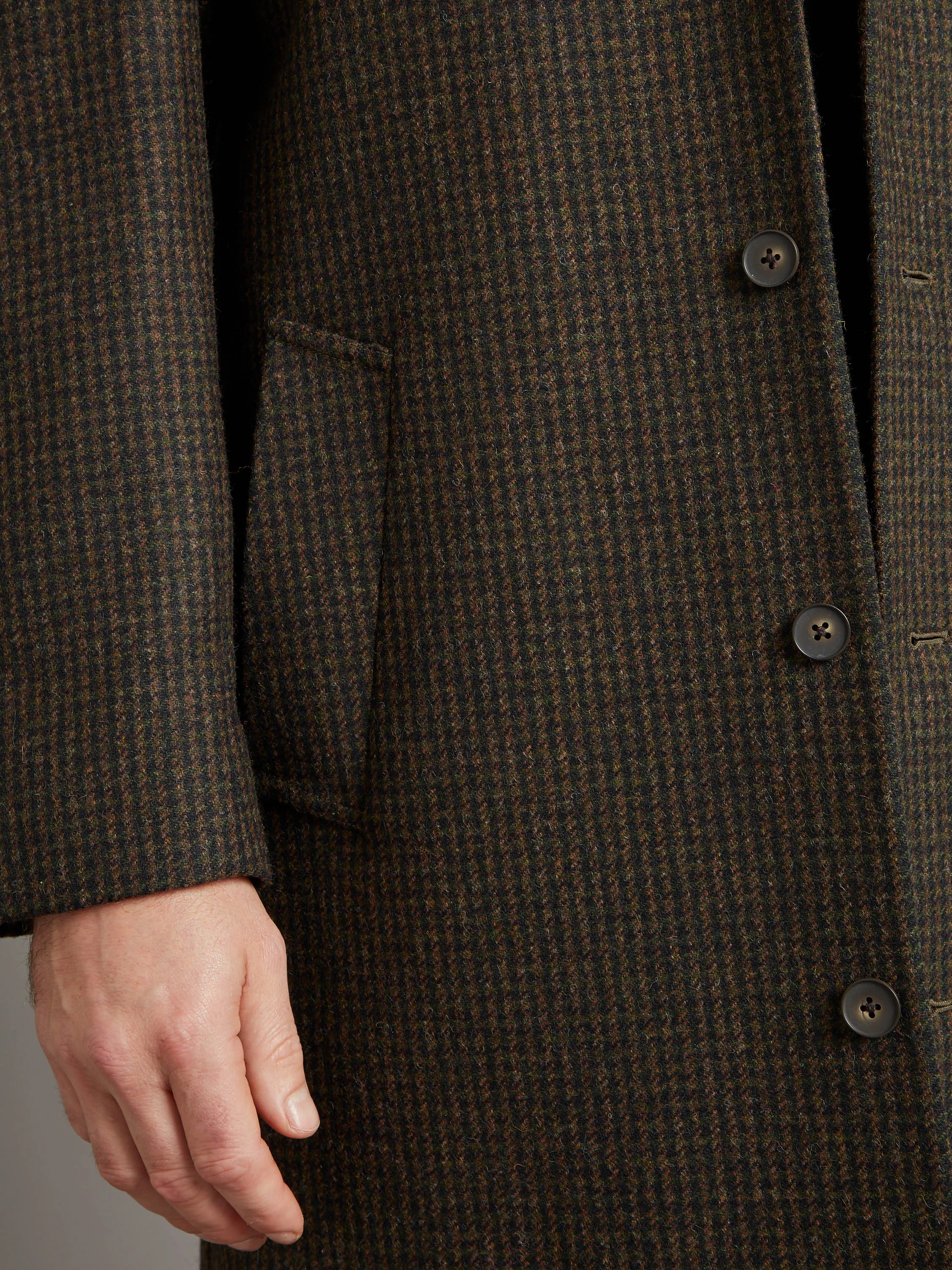 Raglan Sleeve Overcoat Houndstooth - Green/Brown