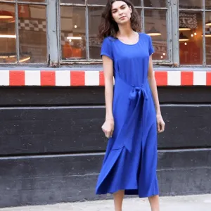 Soft Textured Rayon - Wrap Overlay Center Tie Midi Dress - Cobalt - Final Sale!