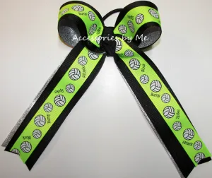 Sparkly Volleyball Neon Green Black Silver Ponytail Bow