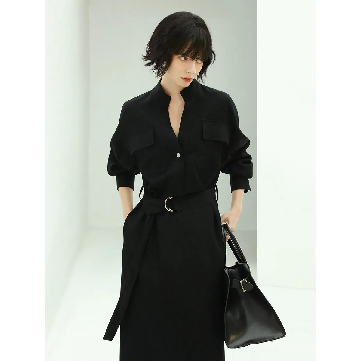 Structured Belted Black Shirt Dress