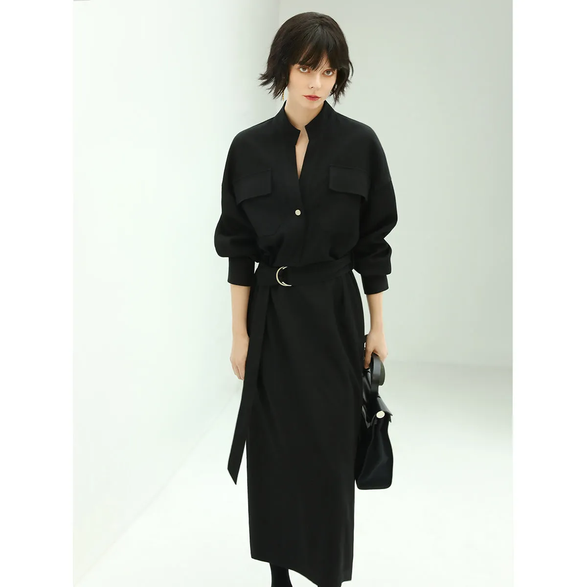 Structured Belted Black Shirt Dress