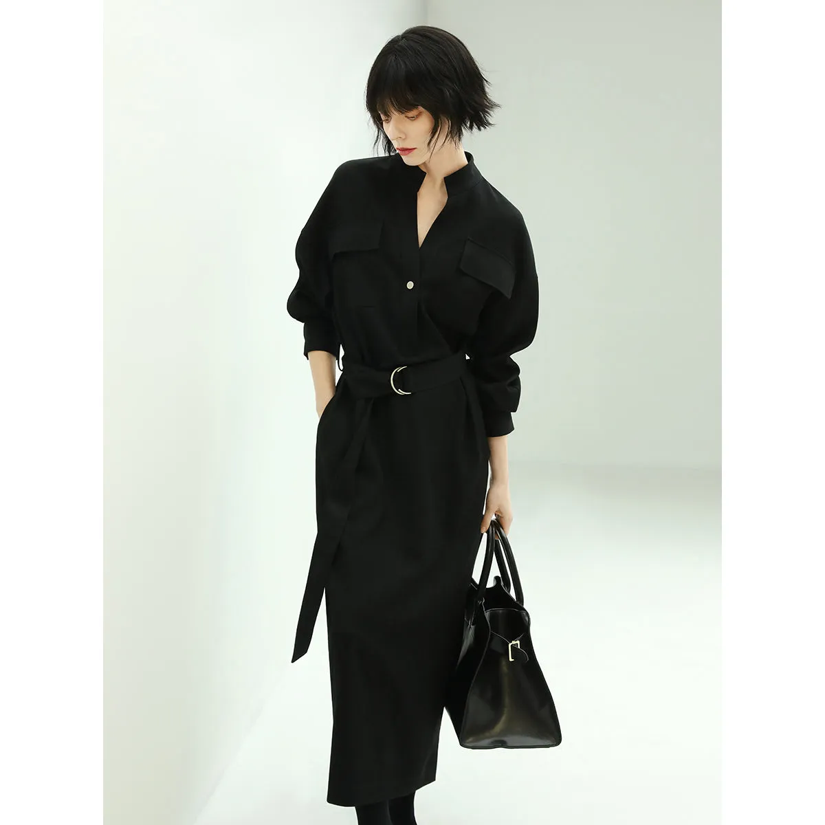 Structured Belted Black Shirt Dress