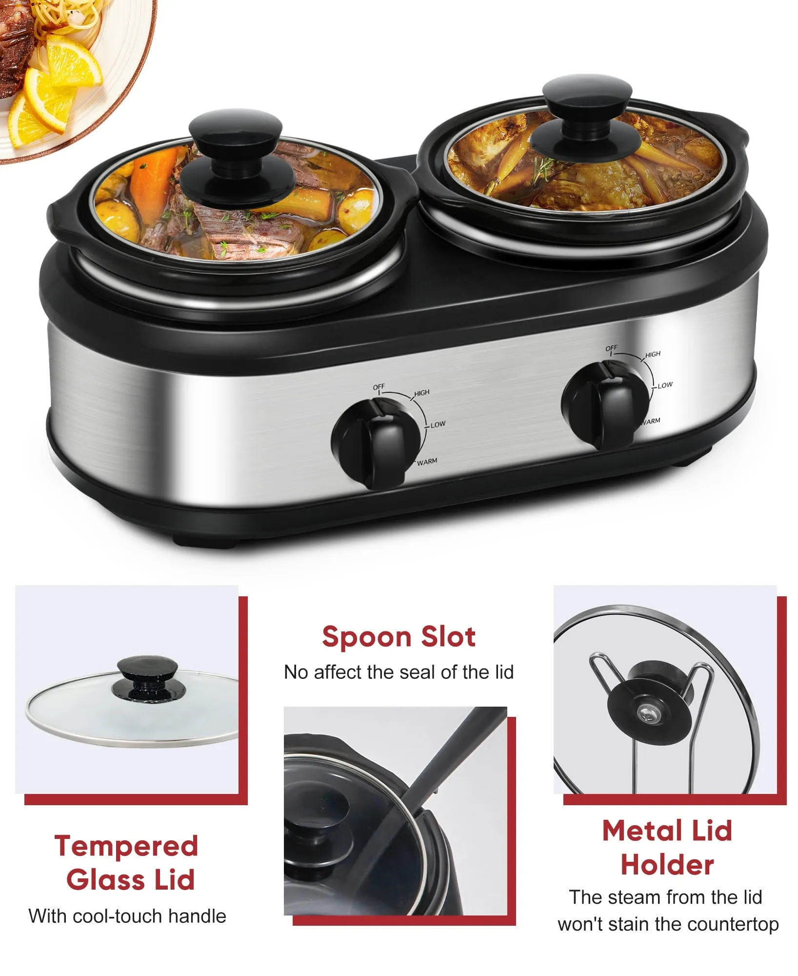 Superjoe 2.5QT Dual Pot Electric Slow Cooker, Stainless Steel Buffet Server Food Warmer Slow Cooker With Adjustable Temp Removable Lid Rests, Black