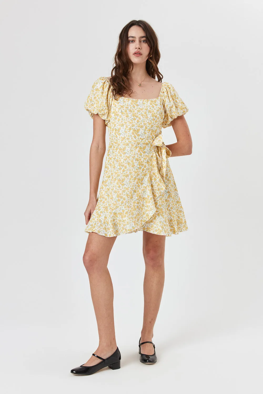 White Yellow Floral Wrap Dress