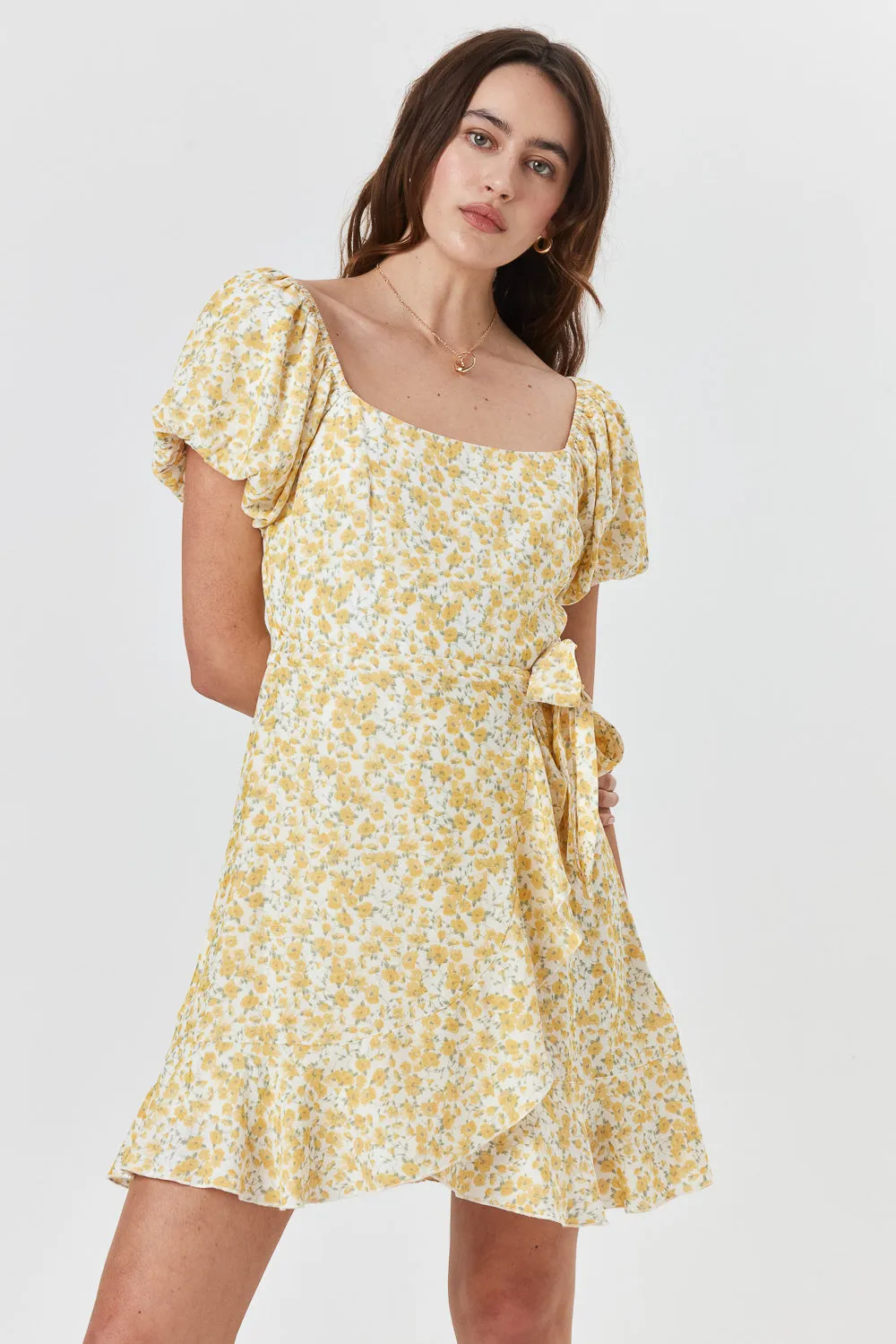 White Yellow Floral Wrap Dress