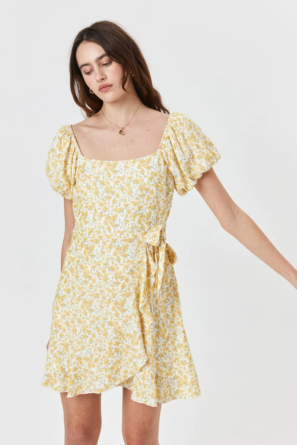 White Yellow Floral Wrap Dress