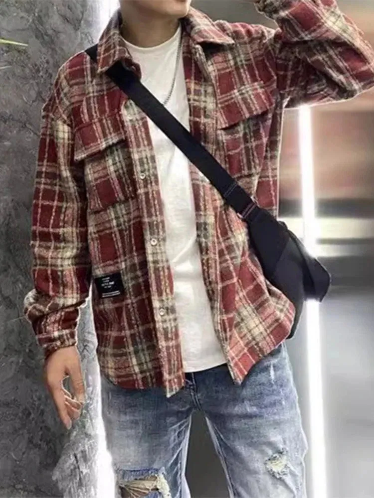 Wiaofellas  -  Retro Plaid Print Fleece Sweatshirts Men's Fashion Loose Button Lapel Collar Shirt Coat Male Spring Casual Long Sleeve Cardigan