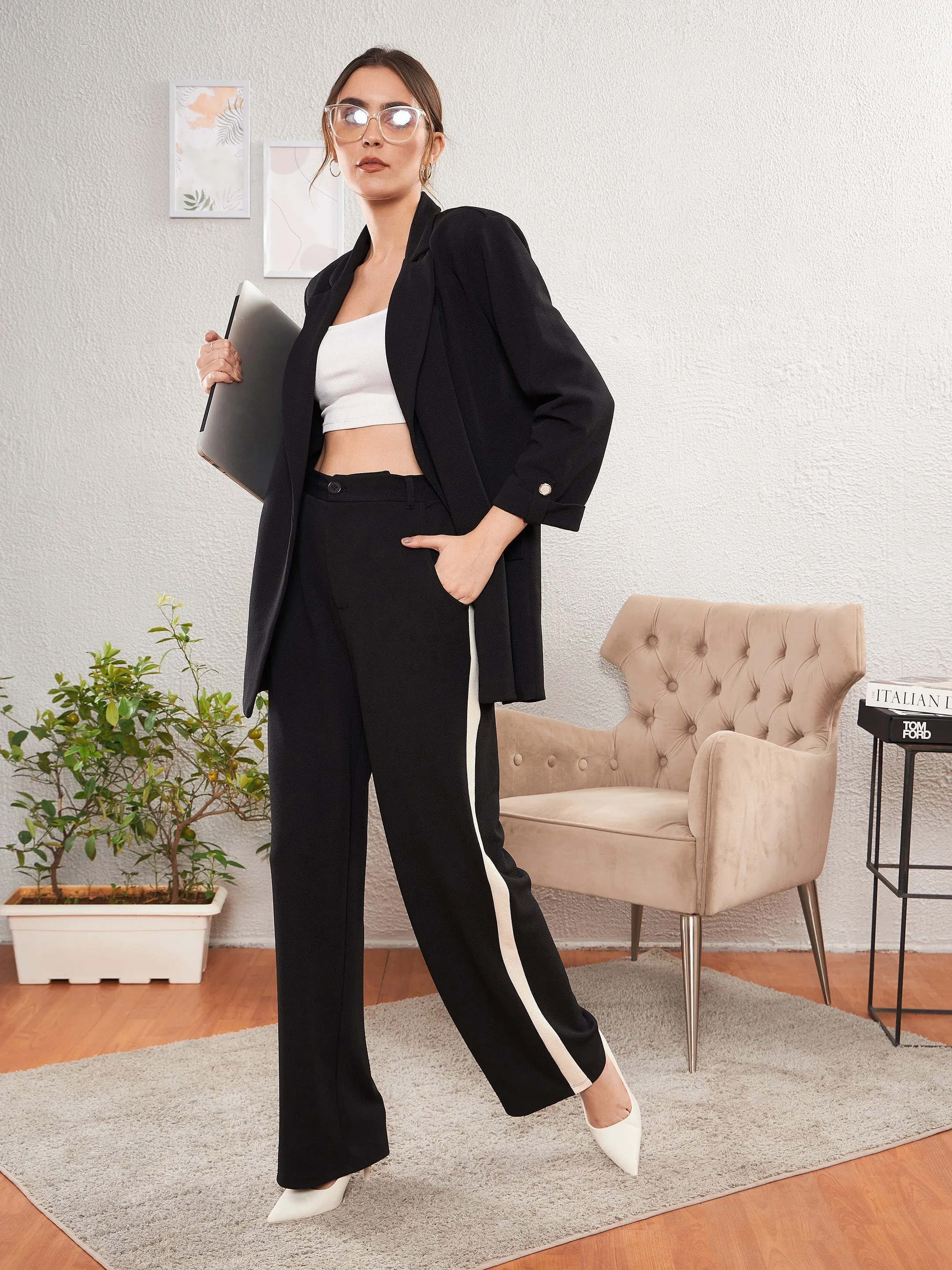 Women Black Longline Front Open Blazer