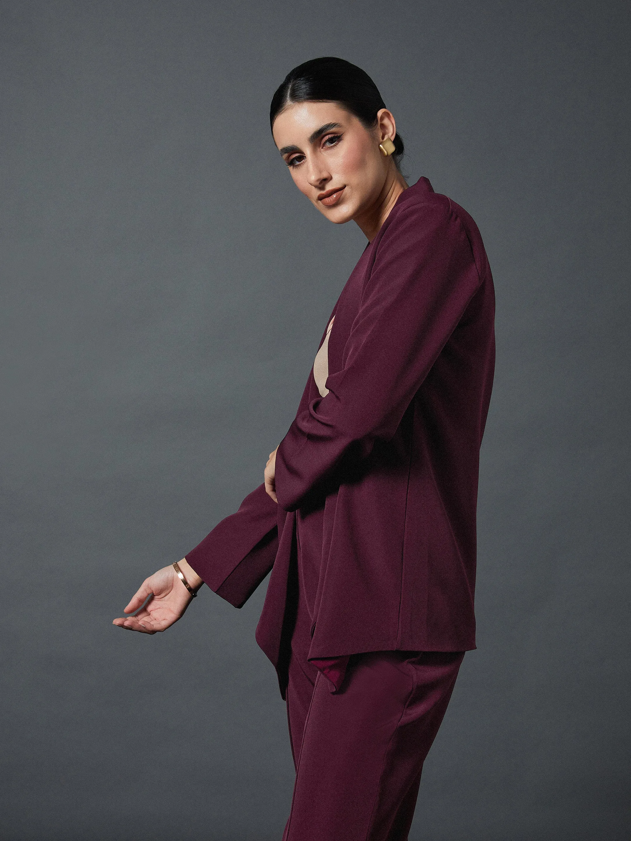 Women Maroon Shawl Collar Front Open Blazer