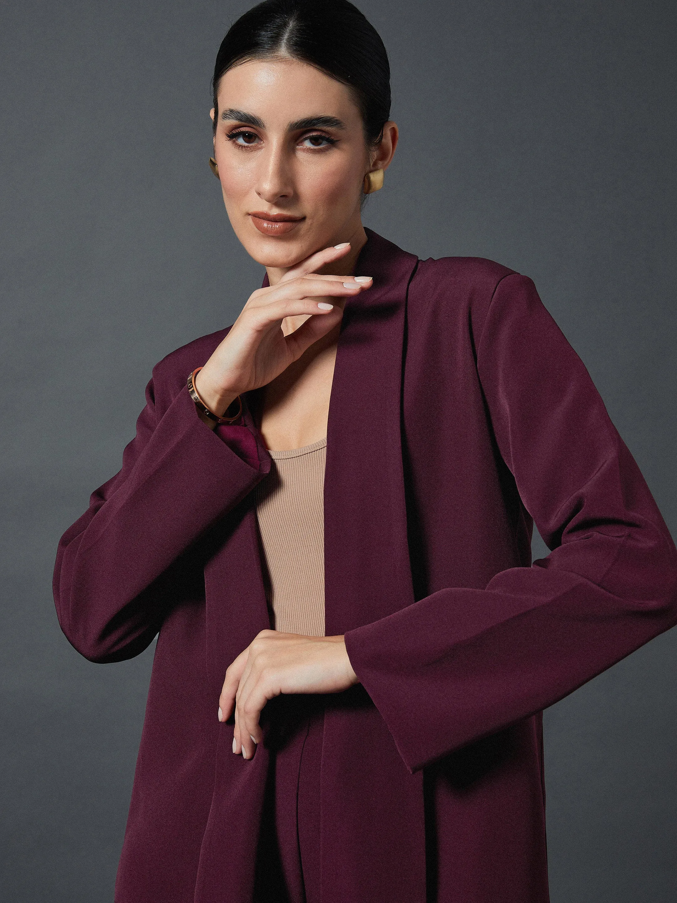 Women Maroon Shawl Collar Front Open Blazer