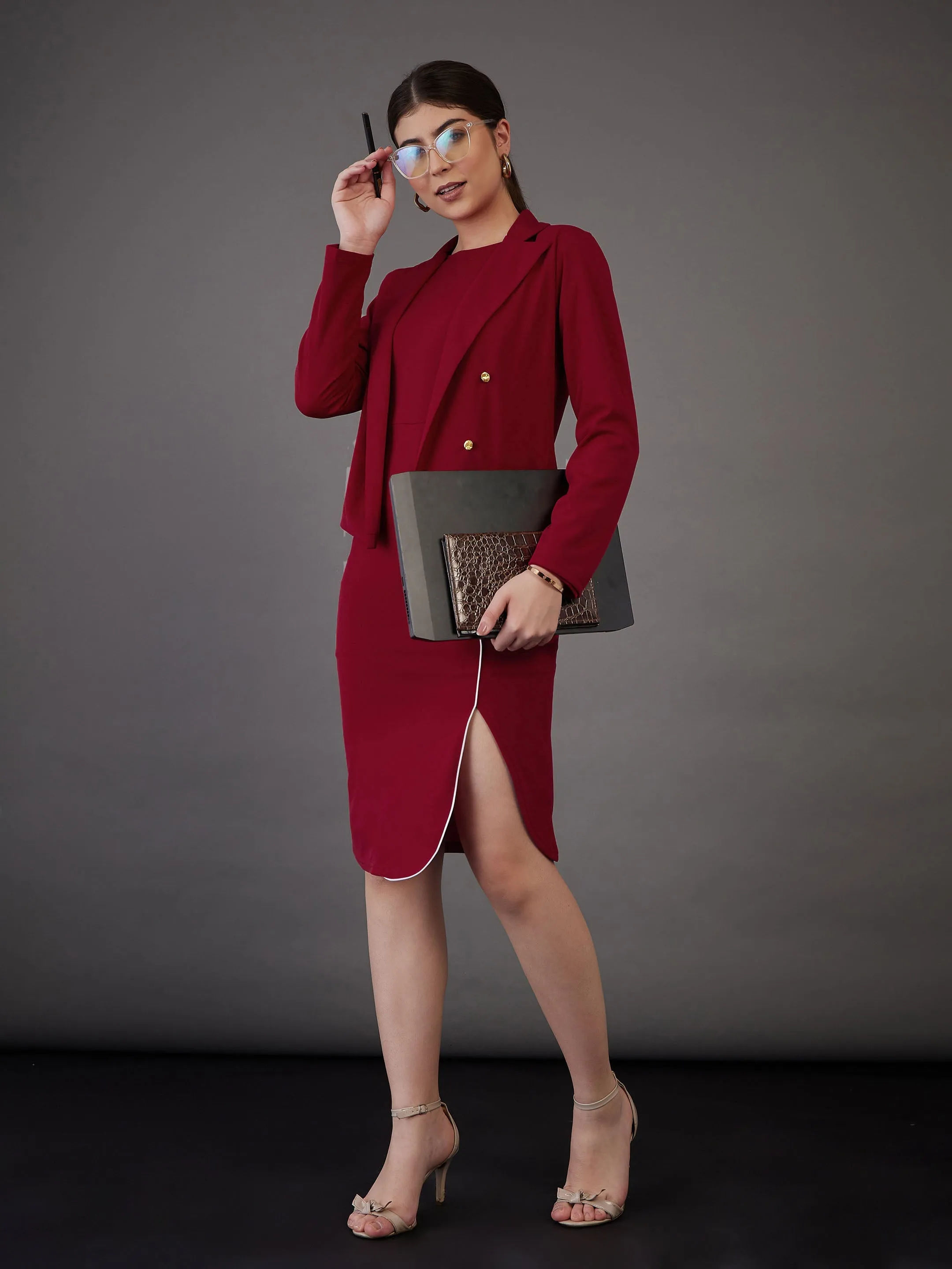 Women Red Notch Collar Single-Breasted Blazer