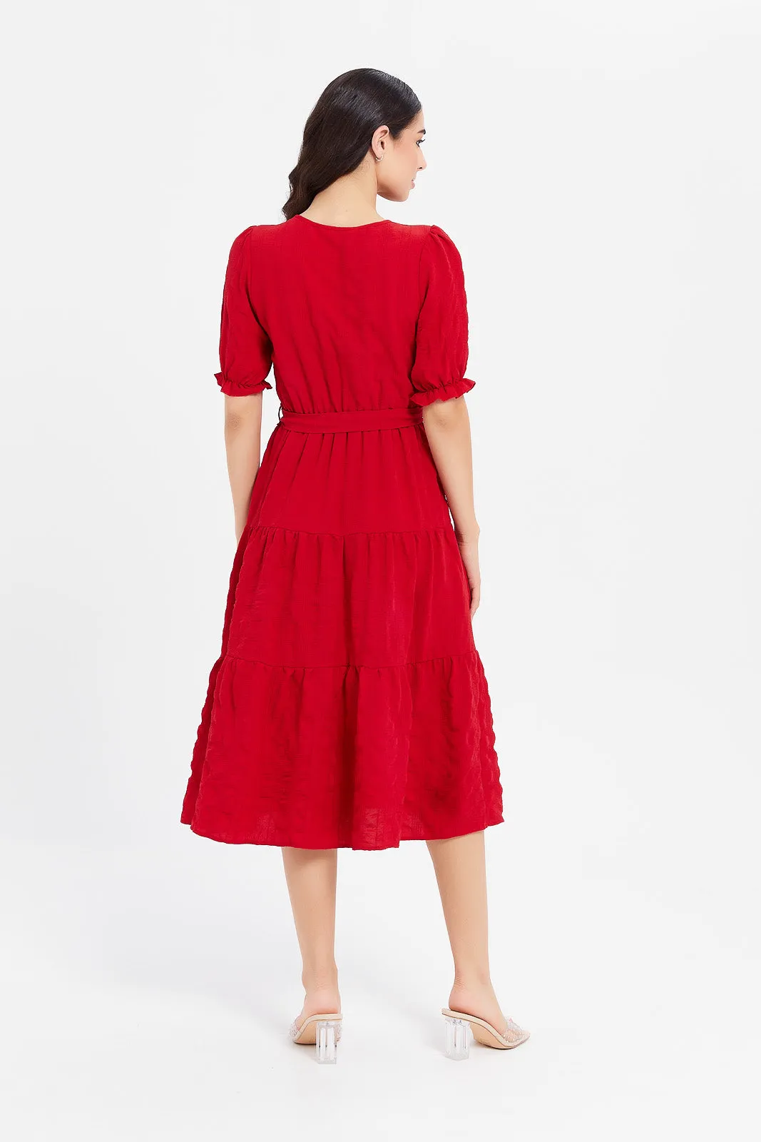 Women Red Textured Wrap Dress