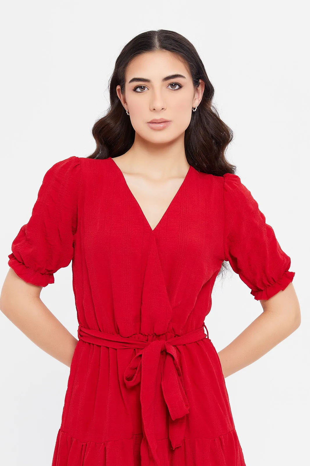 Women Red Textured Wrap Dress