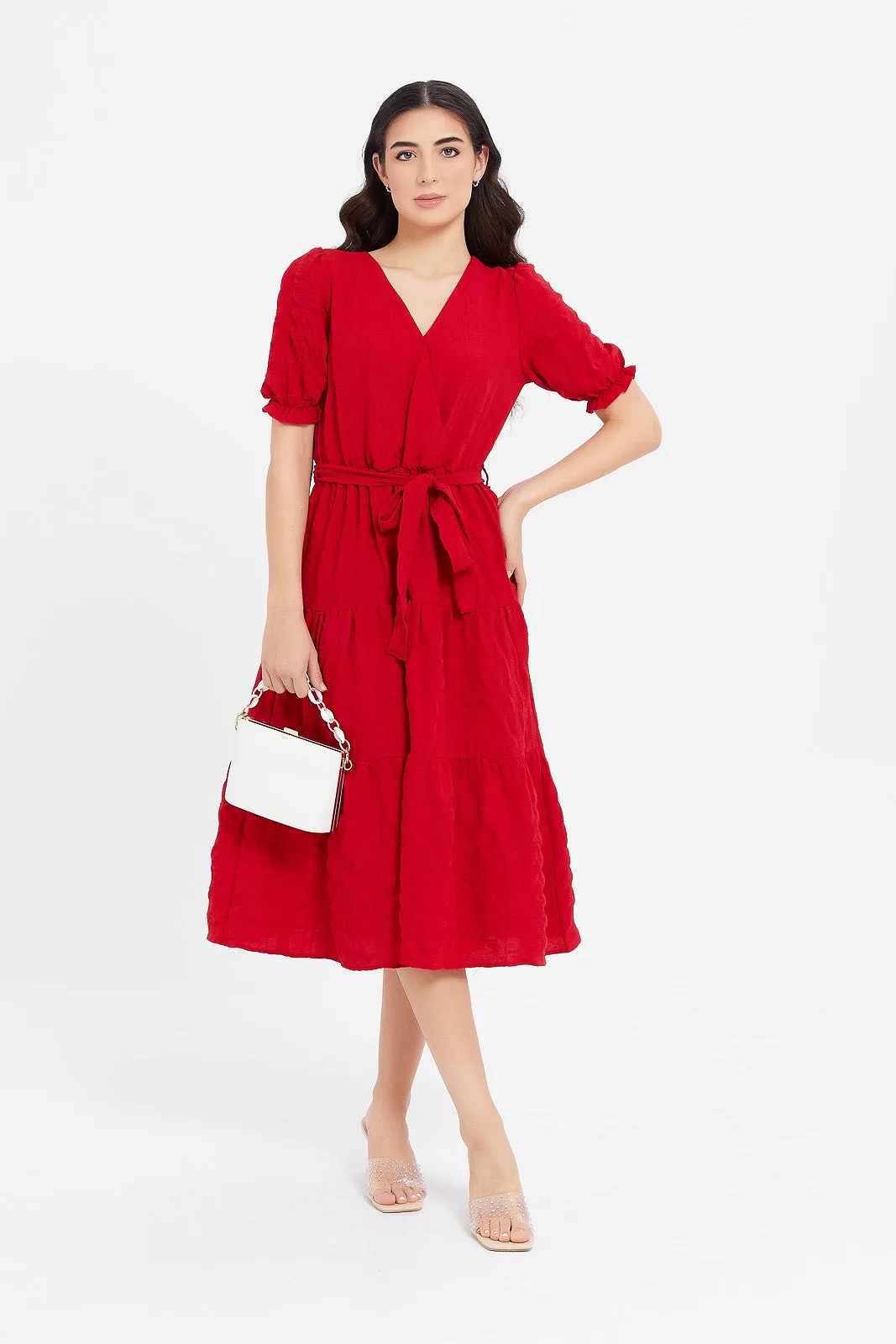 Women Red Textured Wrap Dress