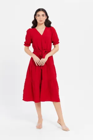 Women Red Textured Wrap Dress