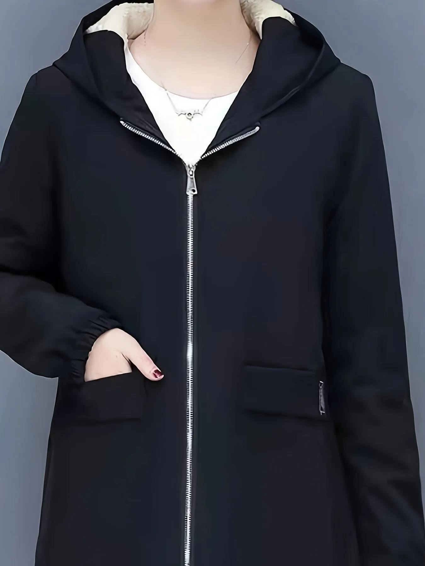 Women's Casual Midi Hooded Jacket – Durable, Easy-Care Fabric, Zip Front & Pockets for Fall/Winter Warmth