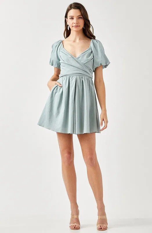 Wrap Me Up Cross Front Puff Sleeve Dress